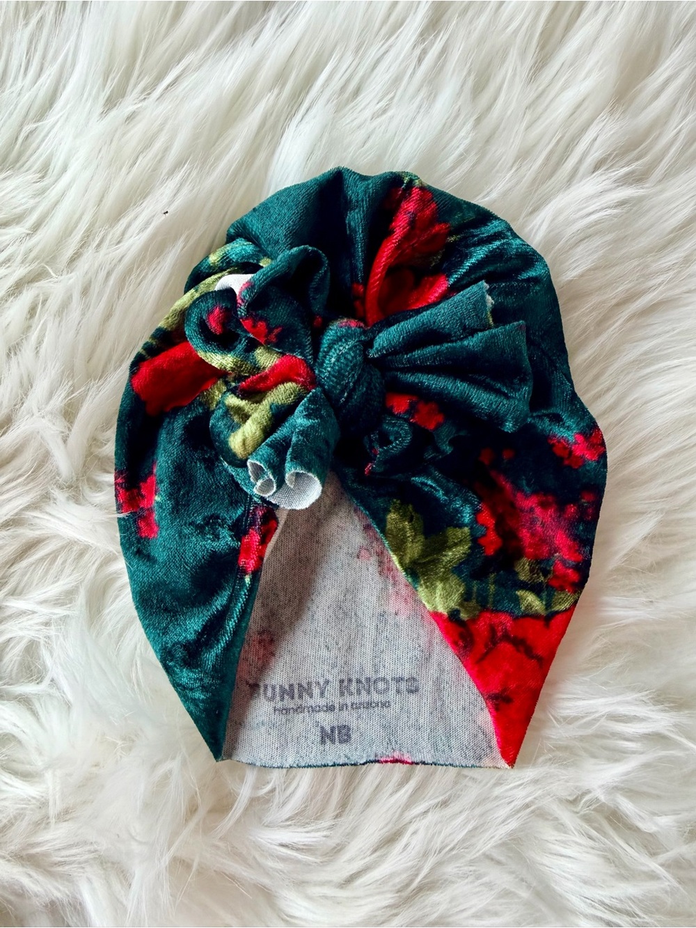 Bunny Knots Green & Red Floral Velvet Baby Headwrap with Knotted Bow